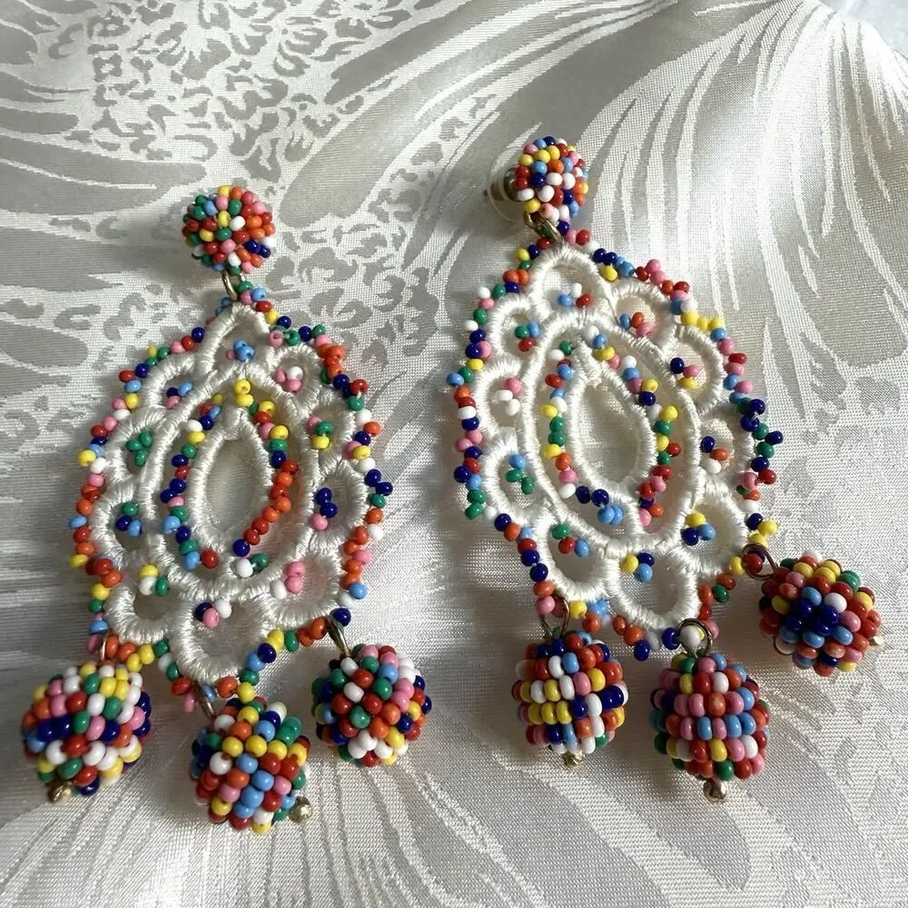 J.Crew Multicolored Glass Seed Bead Crochet Medallion Statement Dangle Earrings